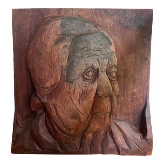 Vintage Hand-Carved Wood Relief Portrait Sculpture – Signed Folk Art Wall Hanging For Sale