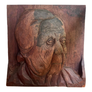 Vintage Hand-Carved Wood Relief Portrait Sculpture – Signed Folk Art Wall Hanging
