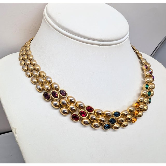 American Vintage Signed Napier Goldtone Jewel Tone Rhinestone Collar Necklace For Sale - Image 3 of 11