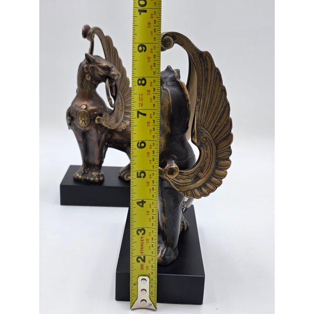 Rare Pair of Antique Early 20th C Bronze Winged Griffin Bookends on Pedestal. For Sale - Image 14 of 16