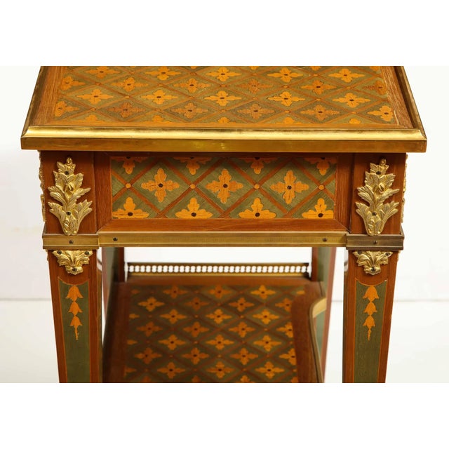 Exceptional Pair of French Ormolu-Mounted Parquetry and Marquetry Side Tables For Sale - Image 16 of 17