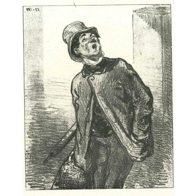 A watching man is an original lithograph artwork on ivory-colored paper, realized by the French draftsman Paul Gavarni...