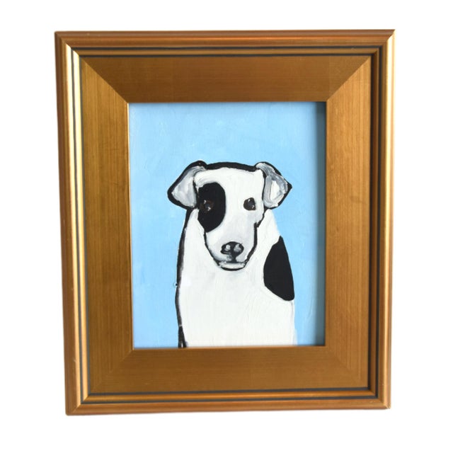 Folk Art Doggie Dog Puppy Oil Painting Including the Antiqued Gold Wood Frame For Sale - Image 4 of 4