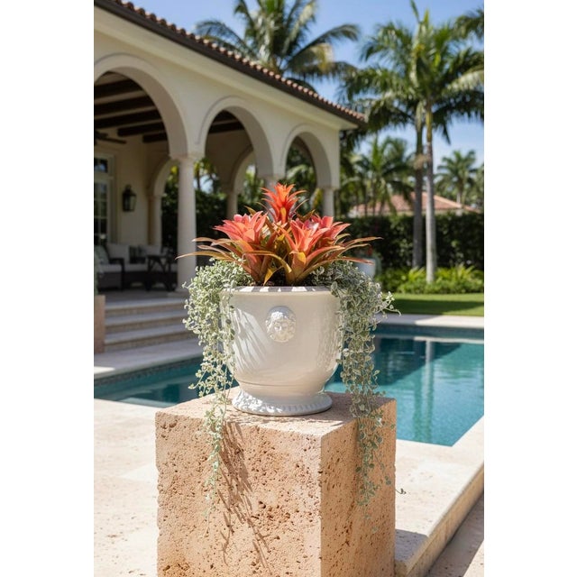 Contemporary Italian White Glazed Ceramic Cachepot With Bacchic Mascarons For Sale - Image 9 of 9