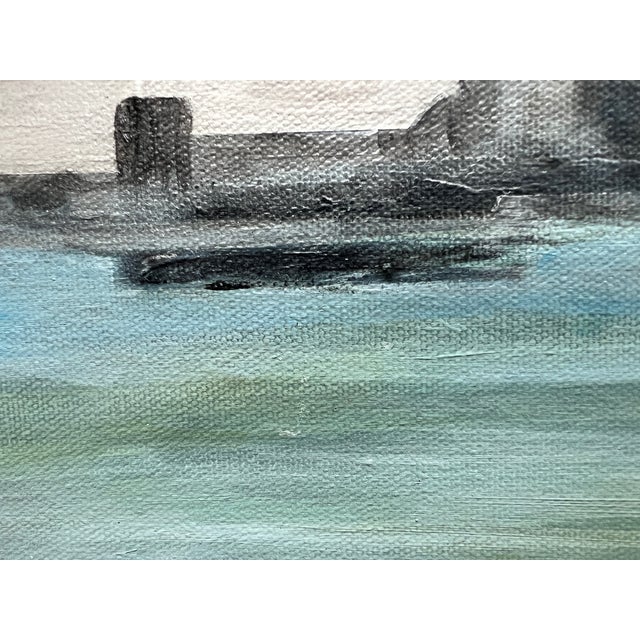 "Industrial Waterfront" Contemporary Cityscape Painting in Gray and Aqua by Mill Valley Artist Mary Anne McKernie For Sale - Image 4 of 10