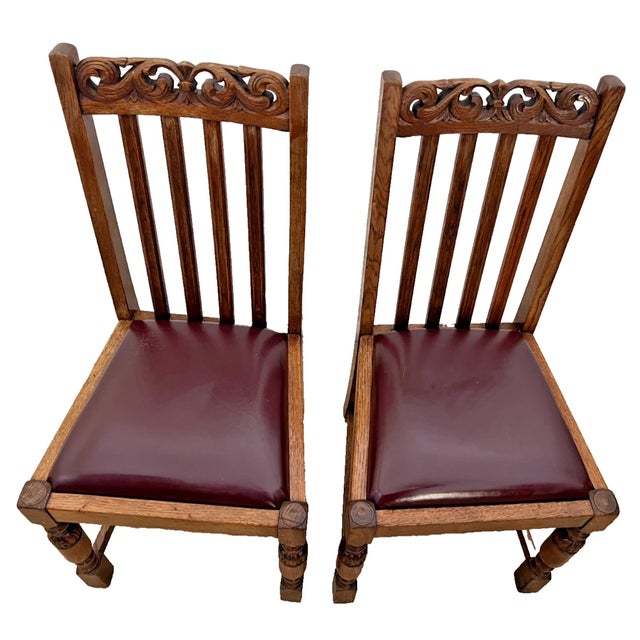 Arts & Crafts Antique Oak Side Chairs Set of Two Arts & Crafts Carved Spindle Back Vinyl Seats For Sale - Image 3 of 10