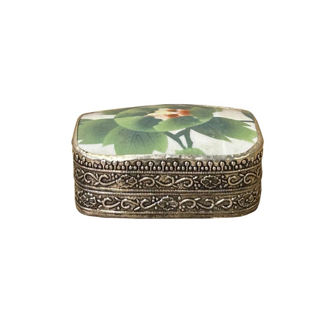Metal 3.5" Chinese Old White Base Pink Flower Graphic Porcelain Art Pewter Box For Sale - Image 7 of 7