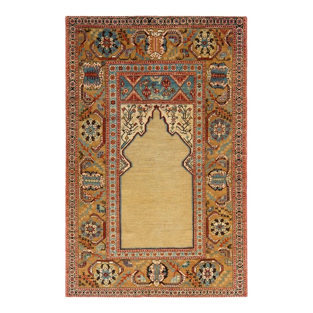 Rug & Kilim’s 19th Century Style Rug in Beige Gold and Blue Floral Pattern For Sale