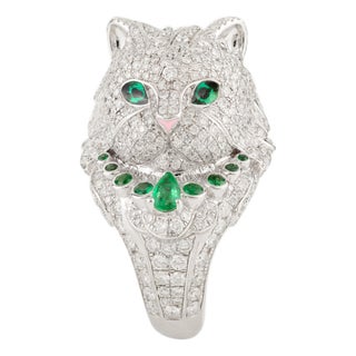 Luxury 18k Gold Cluster Diamond Emerald Cat Ring Size 5 For Sale