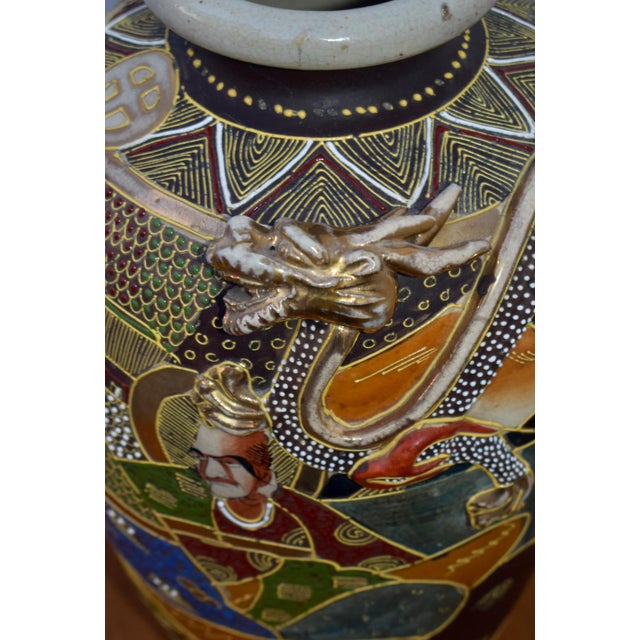 Vintage Japanese Satsuma Moriage Vase Kannon Goddess & Rakan Dragon For Sale - Image 10 of 14
