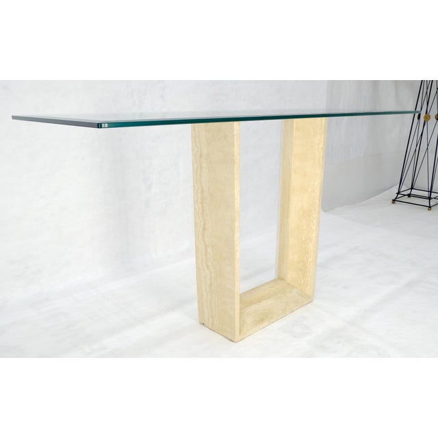 Travertine Sculptural Low Profile U Shape Base Glass Top Console Table MINT For Sale - Image 11 of 14