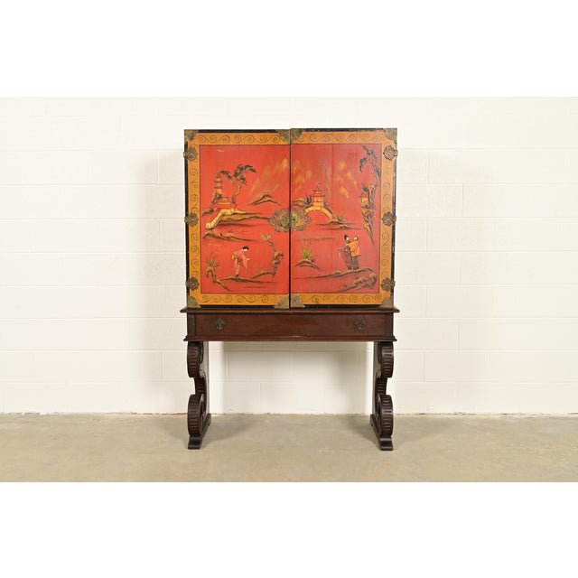 Hollywood Regency Chinoiserie Red Lacquered Hand Painted Bookcase or Bar Cabinet, Circa 1920s For Sale - Image 17 of 17