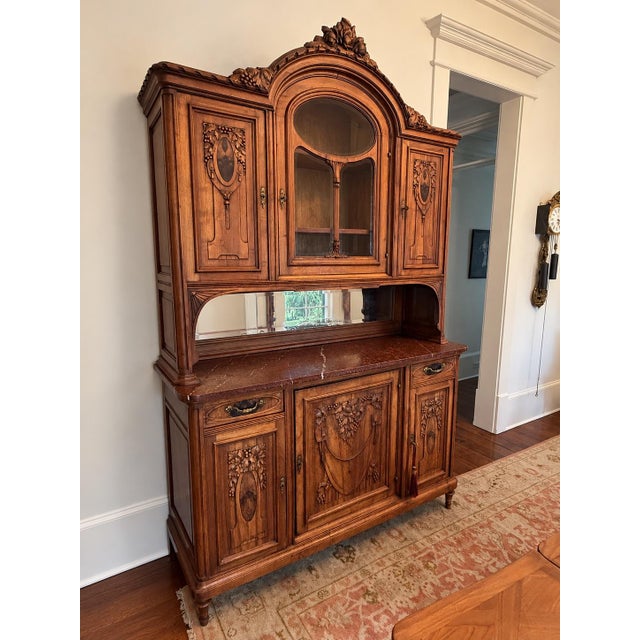 French Antique French Carved Walnut Buffet a Deux Corps With Rouge Marble Top For Sale - Image 3 of 12