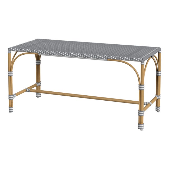 Tobias 40 in. W Outdoor Rectangular Rattan Dining Bench, Blue/White Dot / Natural Rattan Frame For Sale