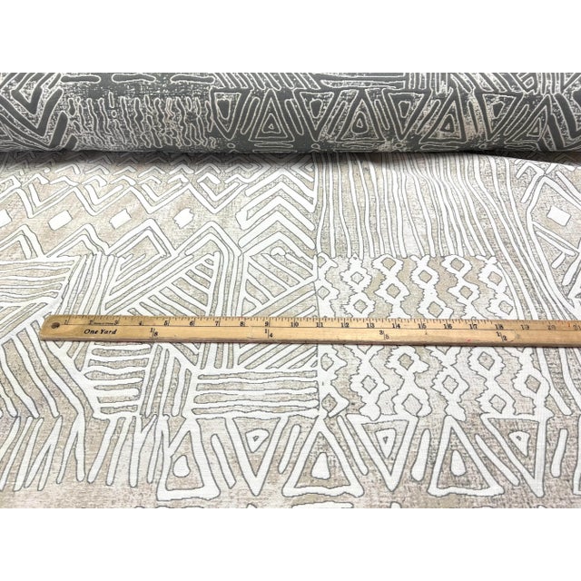 Tribal Water Stain Resistant Zarin Fabrics Aspara Linen Beige Grey Off White Ethnic Tribal Upholstery Drapery Fabric For Sale - Image 3 of 8