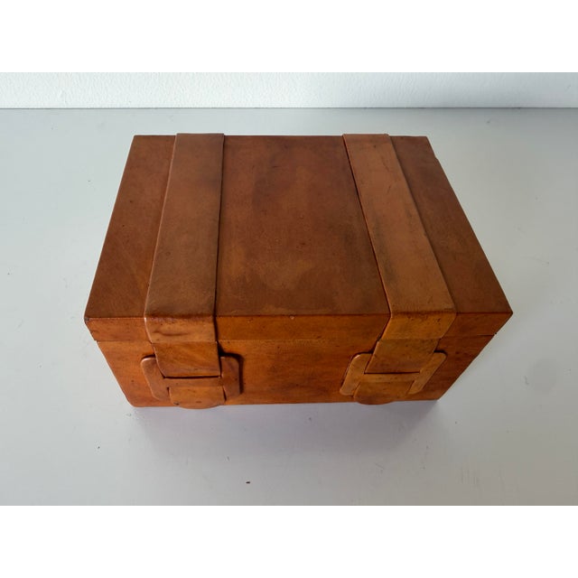 1980s Vintage Brown Leather Decorative Box With Geometric Strap Detail For Sale - Image 5 of 12