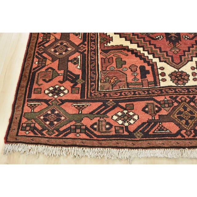 Hamedan Rug 4'4'' X 6'7'' Red Wool Vintage Tribal Hand-Knotted Oriental Carpet For Sale - Image 10 of 12