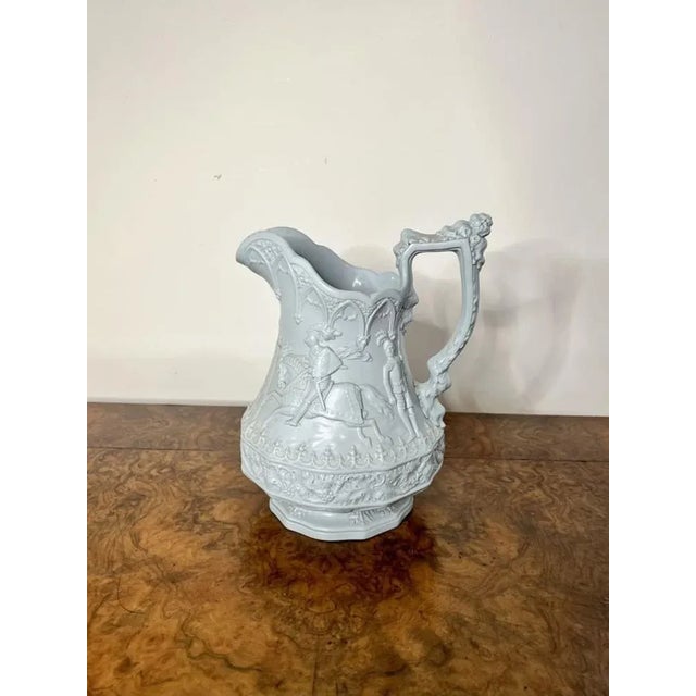 Large antique Victorian Ridgway & Sons quality jug with a shaped handle to the back, decorated throughout with a medieval...