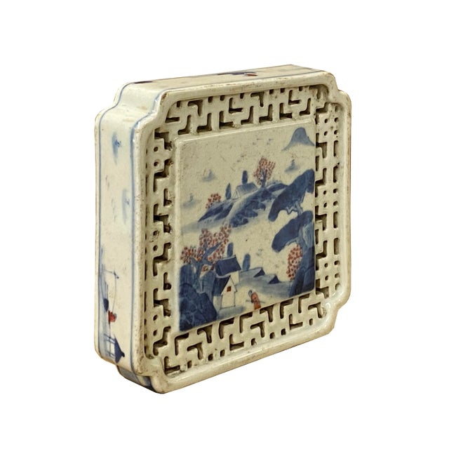 2000 - 2009 Chinese Blue White Scenery Porcelain Coaster Stand Soap Holder For Sale - Image 5 of 9