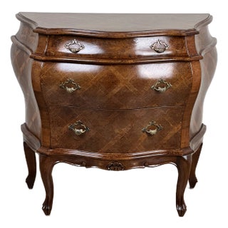 1980s Vintage French Louis XVI Style Walnut Parquet Bombe Chest For Sale