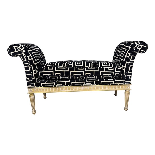 1940s Louis XVI Style Curved Arm Benches in a Geometric Black and White Fabric For Sale