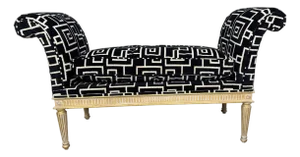 1940s Louis XVI Style Curved Arm Benches in a Geometric Black and White Fabric