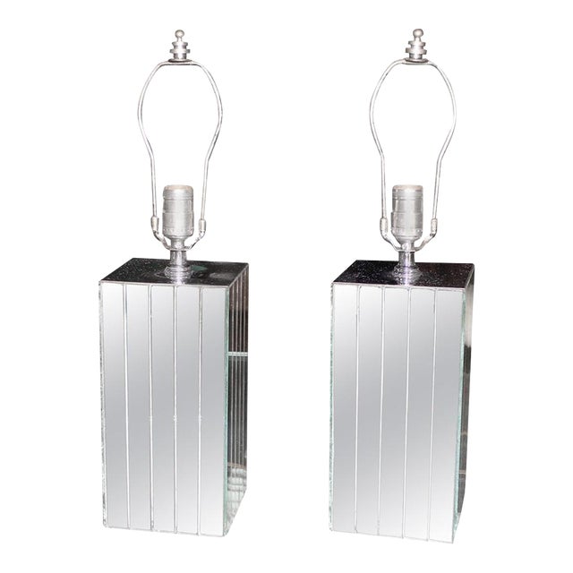 Square Sky Scraper Shape Mid-Century Modern Mirrored Table Lamps - A Pair For Sale
