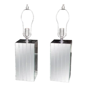 Square Sky Scraper Shape Mid-Century Modern Mirrored Table Lamps - A Pair