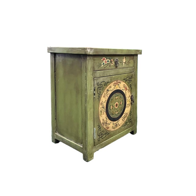 Asian Distressed Sage Green Floral Graphic End Table Nightstand For Sale - Image 3 of 7