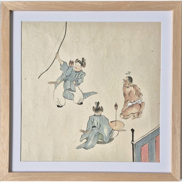 Set of 3 Antique Japanese Meiji period paintings depicting (1) the noble Art of Archery, (2) Renga Poets (Renga is a...