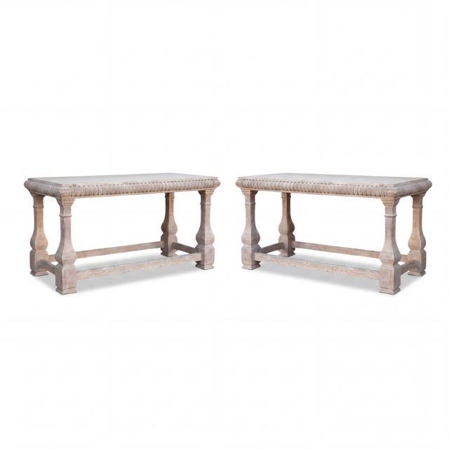 Antique White Baker Furniture Rustic French Style Cerused Marble Top Console Tables - Pair For Sale - Image 8 of 8