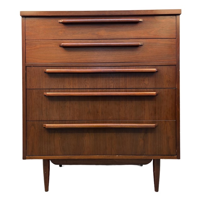 Vintage Five Drawer Walnut Highboy Dresser by Drew Furniture For Sale