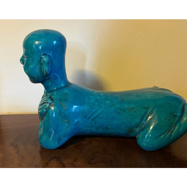 Antique 19th Century Chinese Monochrome Porcelain Turquoise Glaze Pillow or Head Rest Sculpture in the Form of a Crouching Boy For Sale - Image 13 of 18