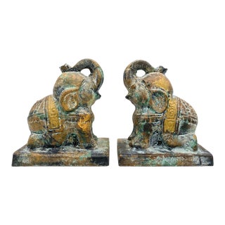 Vintage Boho Chic Verdigris Cast Iron Elephant Bookends - a Pair For Sale