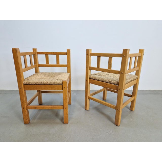 Vintage Dutch Art Deco Style Corner Chair in Oak and Rush, 1950s, Set of 2 For Sale - Image 9 of 13