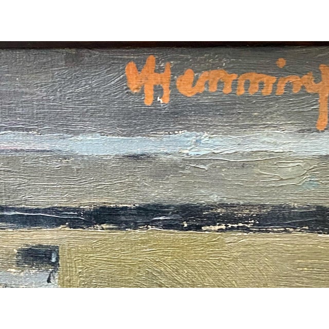 An intimate mid-century Scandinavian oil painting depicting workers gathered within an industrial interior. Signed by...
