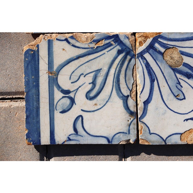 Baroque 18th Century Portuguese Set of Four Tiles Blue & White Floral Geometric Panel Antique Hand Painted For Sale - Image 3 of 10