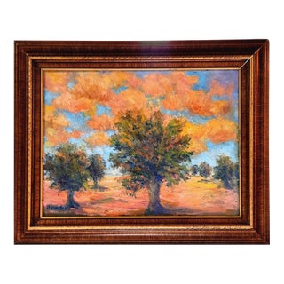 Original Oil Painting Landscape Grove of Trees in Orange Fields For Sale