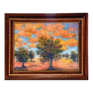 Original Oil Painting Landscape Grove of Trees in Orange Fields