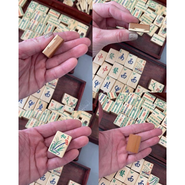 Early 20th Century Antique Chinese Bone & Bamboo Mahjong in Wooden Box With Drawers & Brass Details For Sale - Image 5 of 10