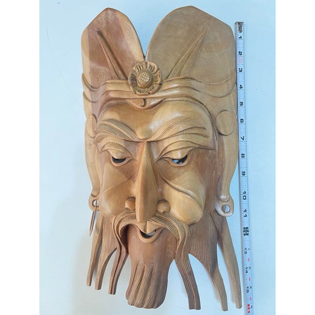 Vintage Chinese-Style Warrior Wall Mask in Hand-Carved Tropical Wood, C. 1960–1980 For Sale - Image 4 of 11