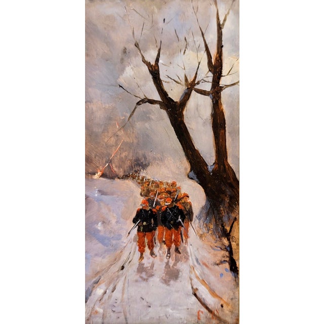 French Napoleonic Soldiers Marching in a Winter Landscape -1870s Oil Painting For Sale - Image 3 of 8