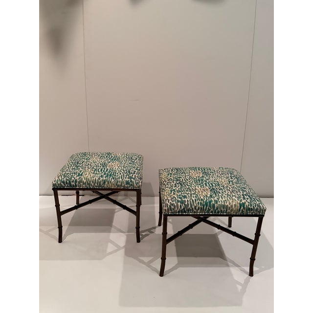 Faux Bamboo Brass & Contemporary Upholstered Benches Ottomans -a Pair For Sale In Philadelphia - Image 6 of 6