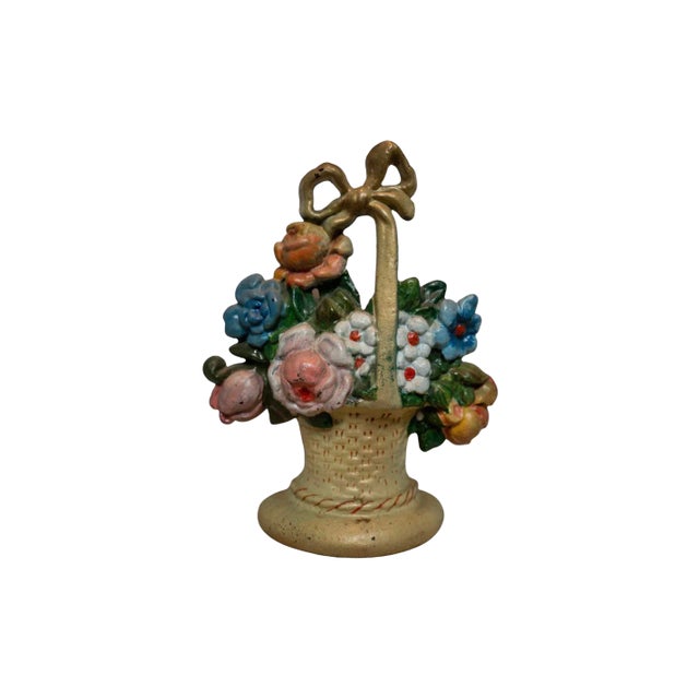 Early 20th Century Basket of Roses With Bow Painted Cast Iron Doorstop For Sale