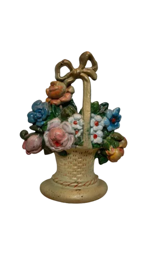 Early 20th Century Basket of Roses With Bow Painted Cast Iron Doorstop