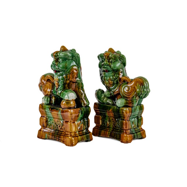Mid 20th Century Rare Mid-Century Modern Chinese Ceremic Food Dogs in Vibrant Sancai-Style Green & Amber Drip Glaze For Sale - Image 5 of 12