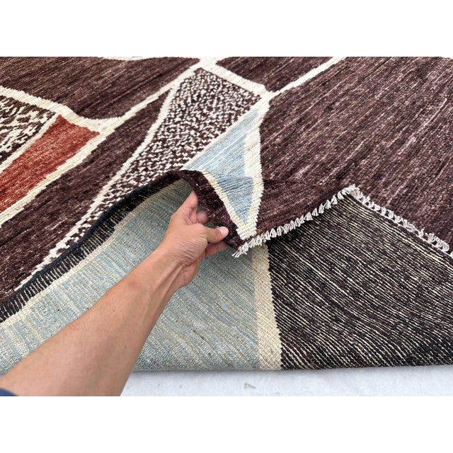 Textile Modern Abstract Handmade Wool Rug in Burgundy and Blue For Sale - Image 7 of 8