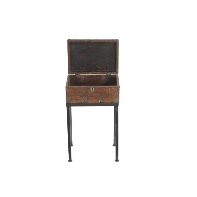 English Vintage Anglo-Indian Teak and Brass Small Chest on Iron Legs/Side Table For Sale - Image 3 of 3