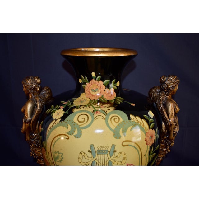 1980s Vintage Neoclassical Ceramic Amphora Vase Lyre Floral Gilt Figural Urn 15” For Sale - Image 5 of 14