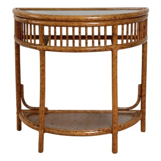 1970s Rattan & Faux Tortoise Bamboo Demilune Console Table With Lower Shelf For Sale
